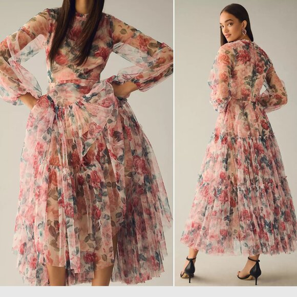 Mac Duggal 11405 Womens High Neck Long Balloon Sleeve Tiered Tulle Midi Dress - Picture 1 of 4